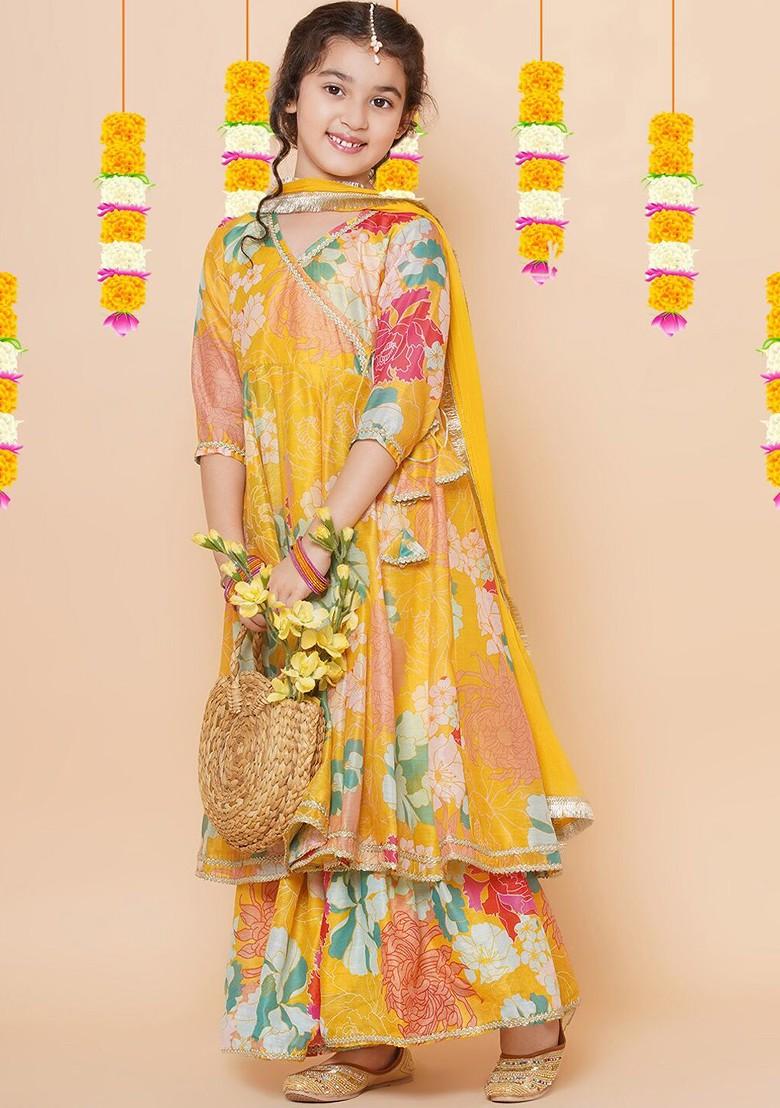 Yellow Girls Yellow Floral Printed Angrakha Gotta Patti Kurta With Sharara And With Dupatta