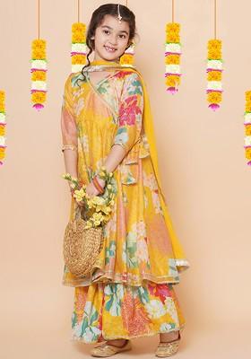 Yellow Girls Floral Printed Angrakha Anarkali Kurta And Sharara With Dupatta