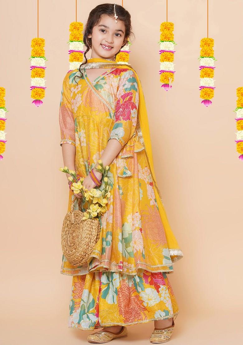 Yellow Girls Floral Printed Angrakha Anarkali Kurta And Sharara With Dupatta