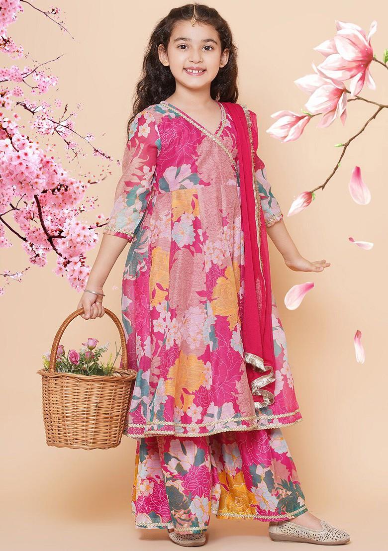 Pink Girls Pink Floral Printed Angrakha Gotta Patti Kurta With Sharara And With Dupatta