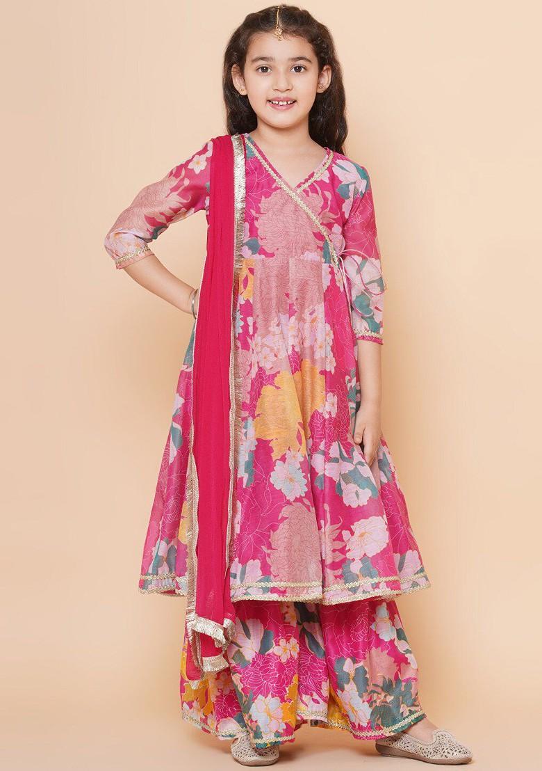 Pink Girls Pink Floral Printed Angrakha Gotta Patti Kurta With Sharara And With Dupatta