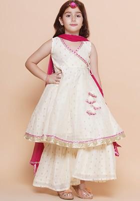 Off White Girls Woven Design Angrakha Gotta Patti Kurta With Sharara And Dupatta