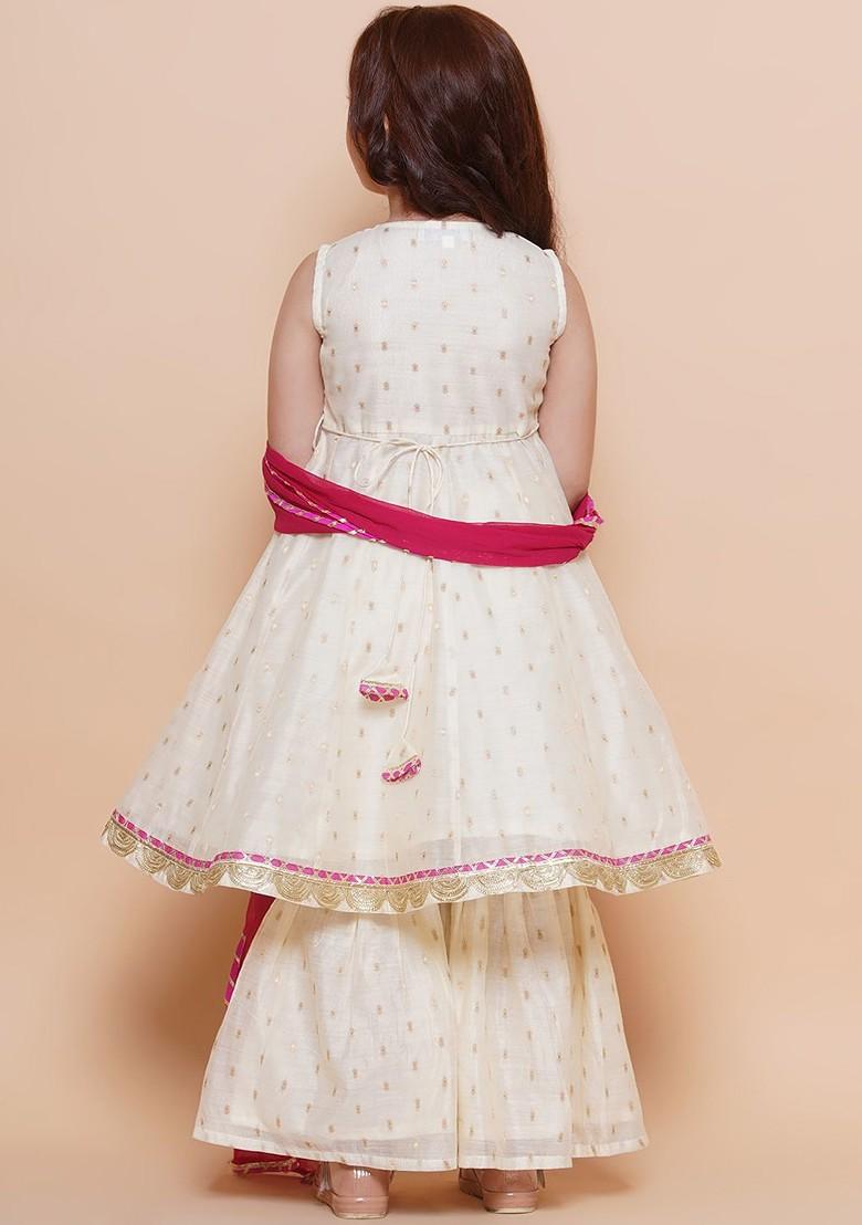 Off White Girls Woven Design Angrakha Gotta Patti Kurta With Sharara And Dupatta