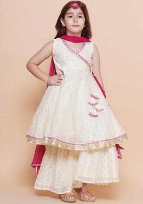 Off White Girls Woven Design Angrakha Gotta Patti Kurta With Sharara And Dupatta