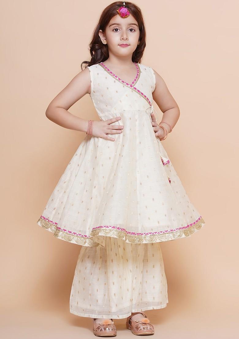 Off White Girls Woven Design Angrakha Gotta Patti Kurta With Sharara And Dupatta