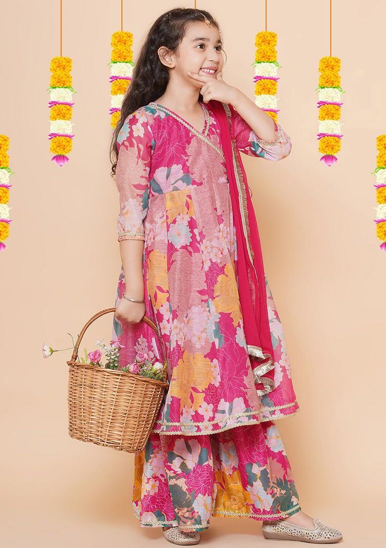 Pink Girls Pink Floral Printed Angrakha Gotta Patti Kurta With Sharara And With Dupatta