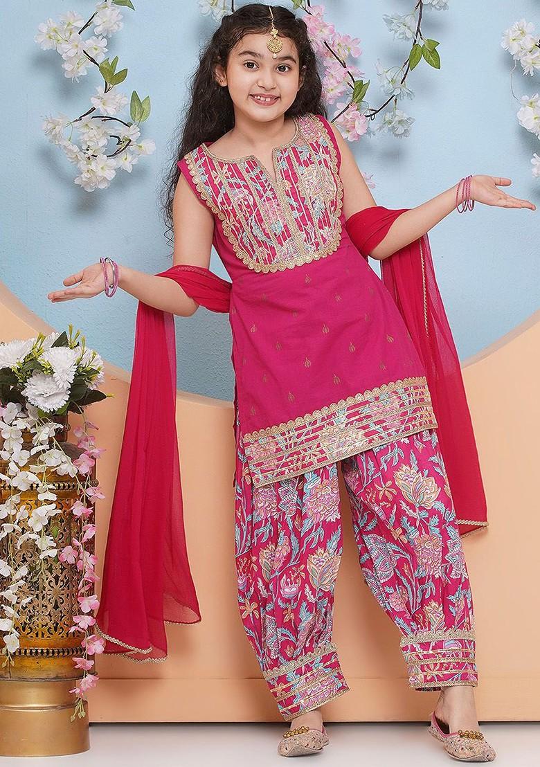Pink Girls Printed Gotta Patti Pure Cotton Straight Kurti With Salwar And Dupatta