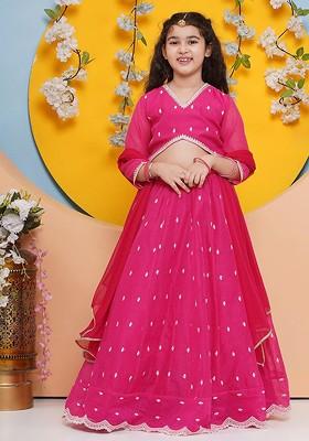 Pink Girls Floral Embroidered Ready To Wear Lehenga And Blouse With Dupatta