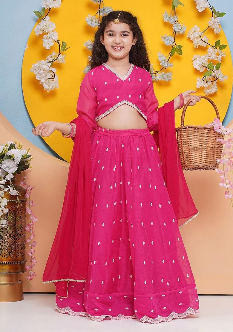 Pink Girls Floral Embroidered Ready To Wear Lehenga And Blouse With Dupatta