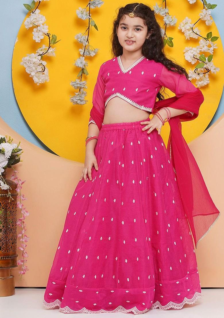 Pink Girls Floral Embroidered Ready To Wear Lehenga And Blouse With Dupatta