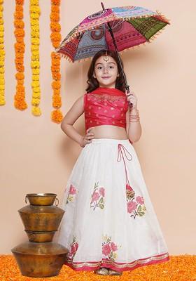 Off White Girls Embroidered Gotta Patti Ready To Wear Lehenga And Blouse With Dupatta