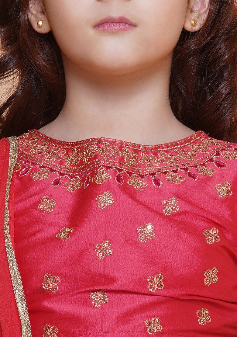 Off White Girls Embroidered Gotta Patti Ready To Wear Lehenga And Blouse With Dupatta