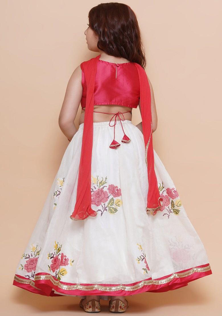 Off White Girls Embroidered Gotta Patti Ready To Wear Lehenga And Blouse With Dupatta
