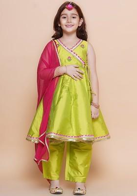Green Girls Floral Embroidered Angrakha Kurta With Trousers And Dupatta