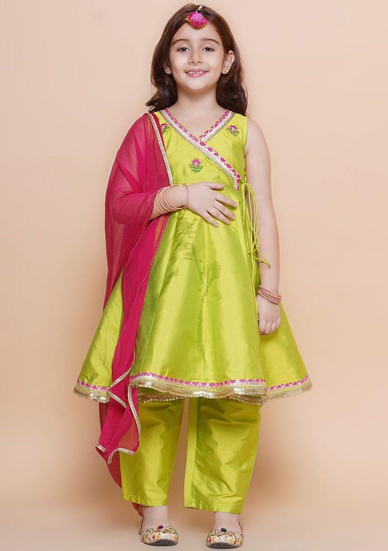 Green Girls Floral Embroidered Angrakha Kurta With Trousers And Dupatta