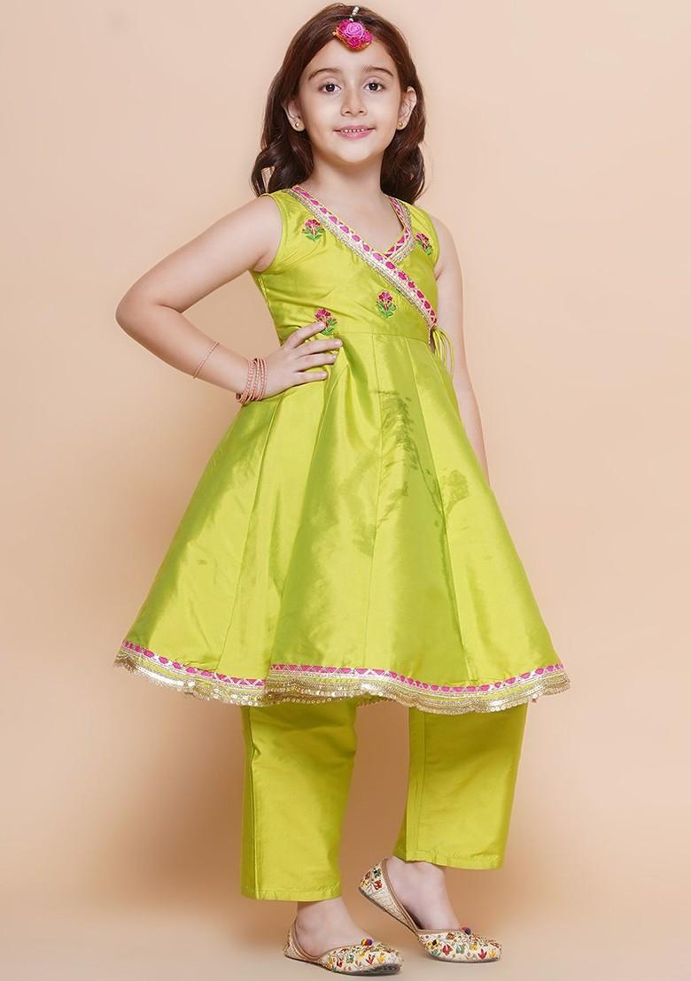 Green Girls Floral Embroidered Angrakha Kurta With Trousers And Dupatta