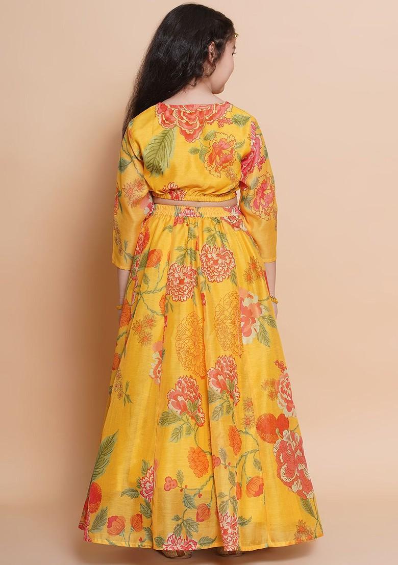 Yellow Girls Printed Gotta Patti Ready To Wear Lehenga With Blouse