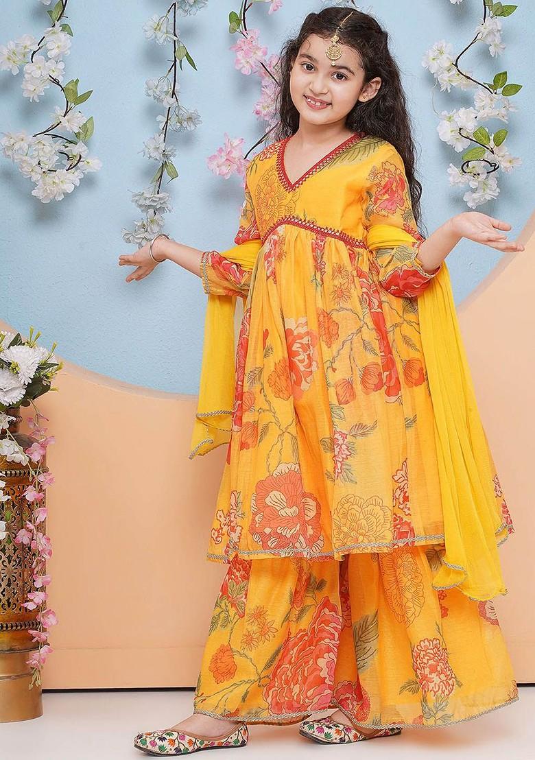 Yellow Girls Floral Printed Empire Sequinned Kurta With Sharara And With Dupatta