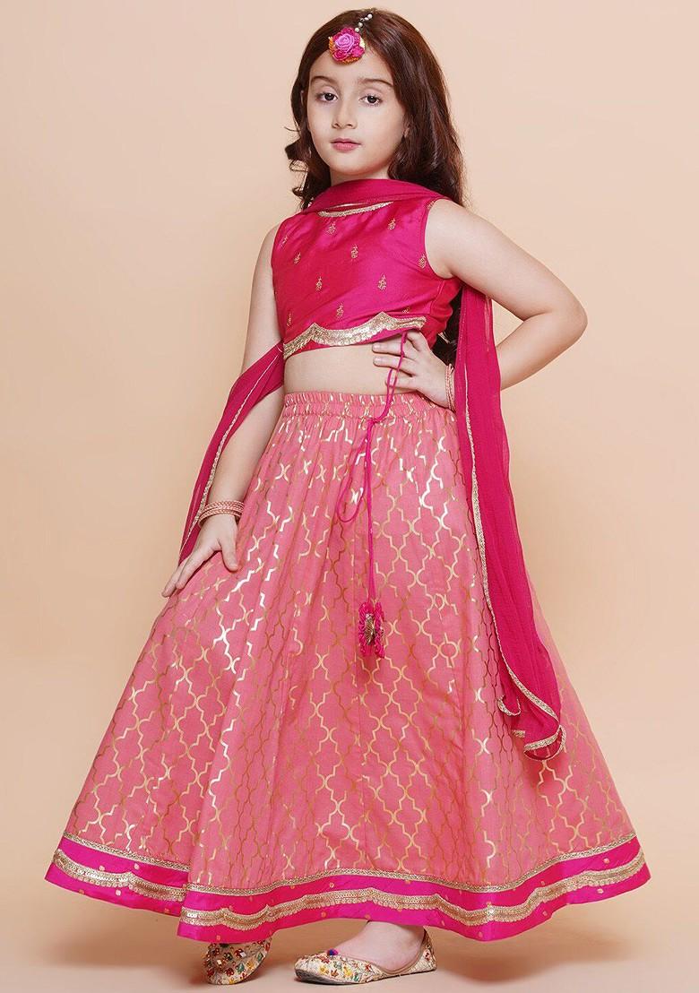 Peach Girls Embroidered Ready To Wear Lehenga And Blouse With Dupatta
