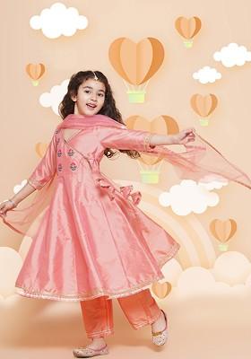 Peach Girls Embroidered Angrakha Gotta Patti Kurta With Trousers And Dupatta