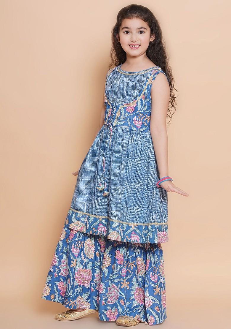 Blue Girls Floral Printed Round Neck Sleeveless Pure Cotton Kurta With Sharara