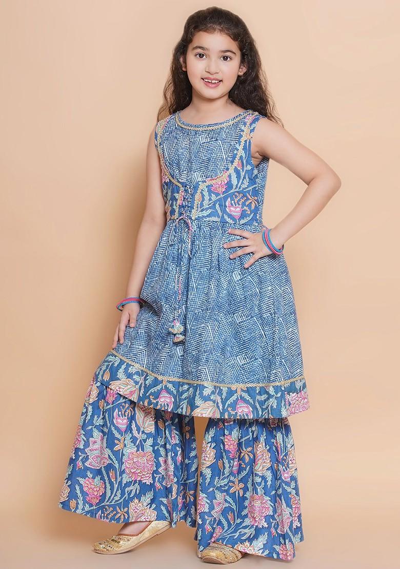 Blue Girls Floral Printed Round Neck Sleeveless Pure Cotton Kurta With Sharara
