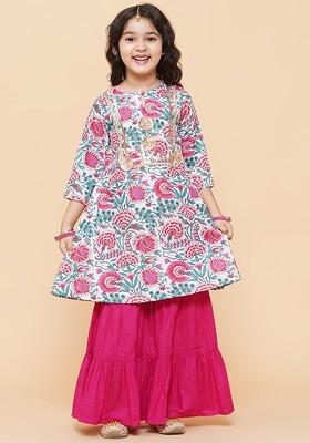 White Girls White And Pink Floral Printed Cotton Blend Pleated Kurta With Sharara