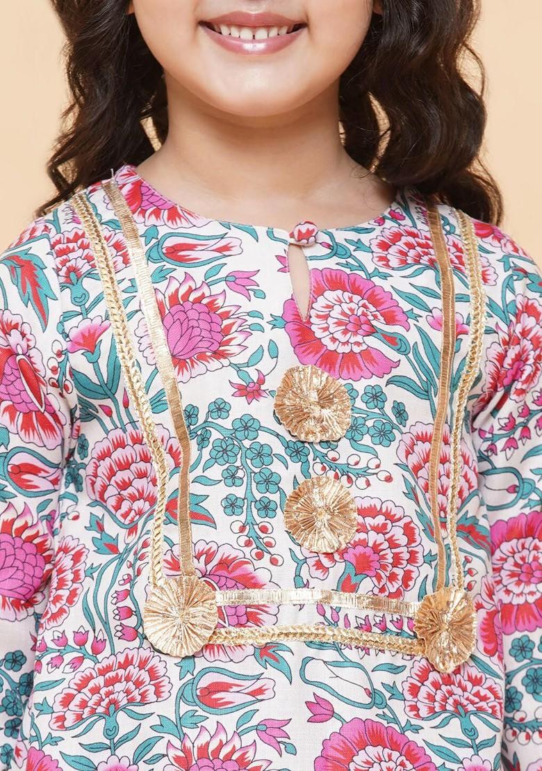 White Girls White And Pink Floral Printed Cotton Blend Pleated Kurta With Sharara