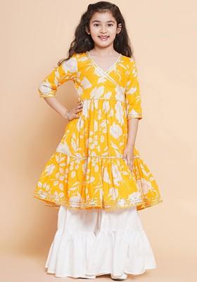Yellow Girls Floral Printed Angrakha Gotta Patti Pure Cotton Kurta With Sharara