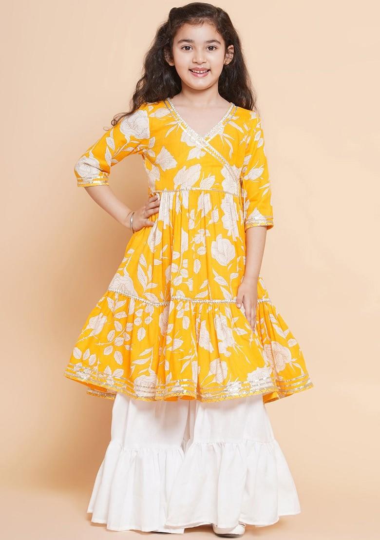 Yellow Girls Floral Printed Angrakha Gotta Patti Pure Cotton Kurta With Sharara
