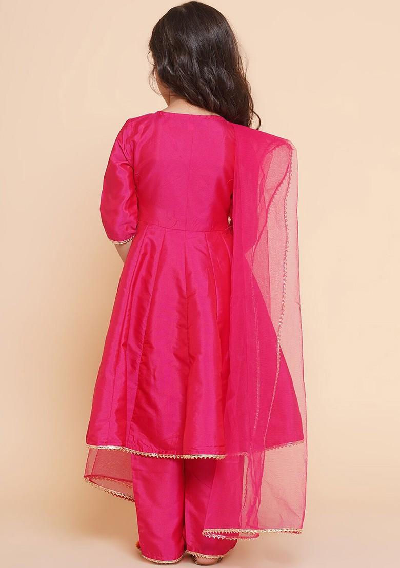 Pink Girls Embroidered Angrakha Kurta With Trousers And Dupatta