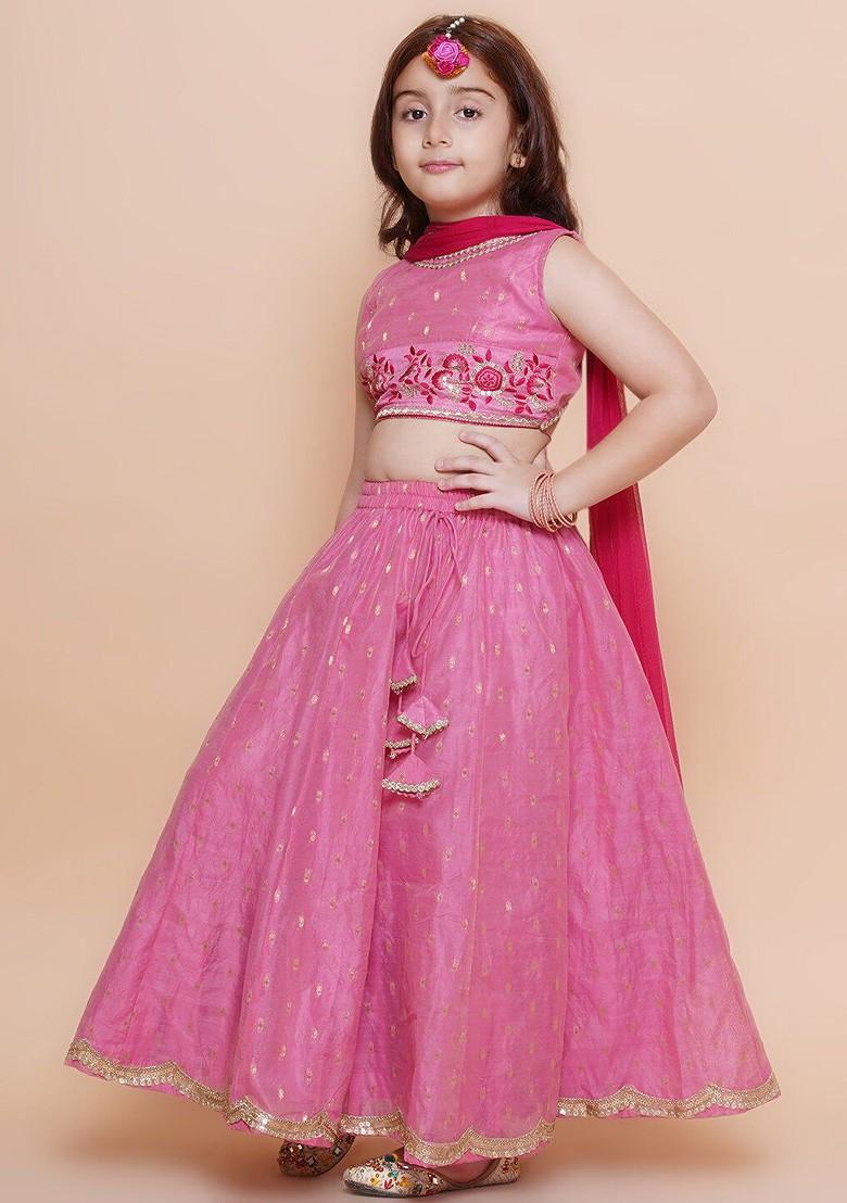 Pink Girls Embroidered Ready To Wear Lehenga And Blouse With Dupatta