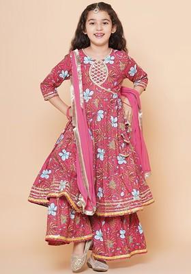 Peach Girls Floral Printed Gotta Patti Pure Cotton Angrakha Kurta Set