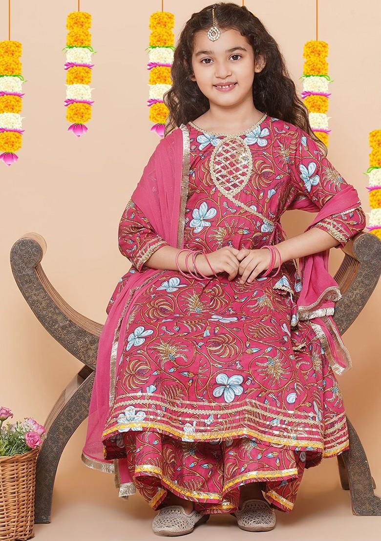 Peach Girls Floral Printed Gotta Patti Pure Cotton Angrakha Kurta Set