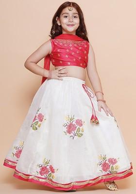 Off White Girls Embroidered Gotta Patti Ready To Wear Lehenga And Blouse With Dupatta