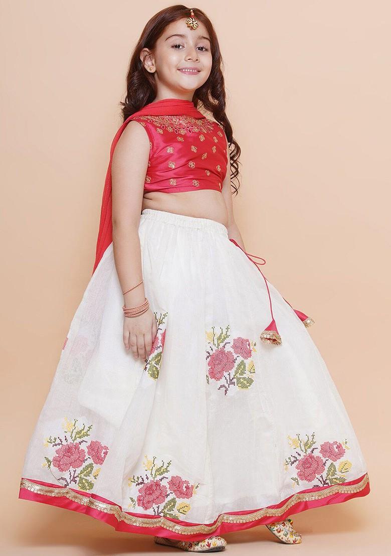 Off White Girls Embroidered Gotta Patti Ready To Wear Lehenga And Blouse With Dupatta
