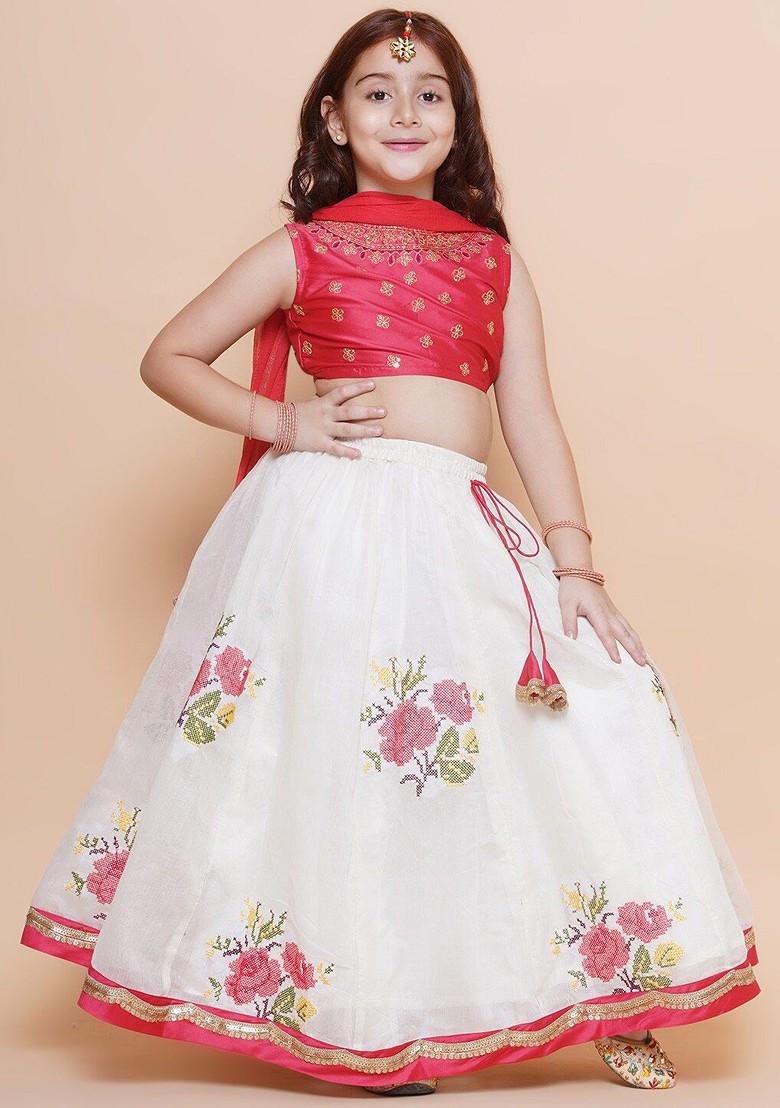 Off White Girls Embroidered Gotta Patti Ready To Wear Lehenga And Blouse With Dupatta
