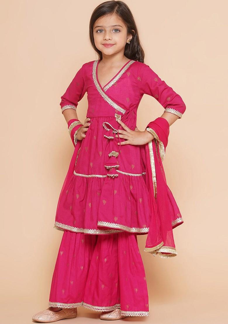 Pink Girls Ethnic Motifs Printed Angrakha Gotta Patti Pure Cotton Kurta Set