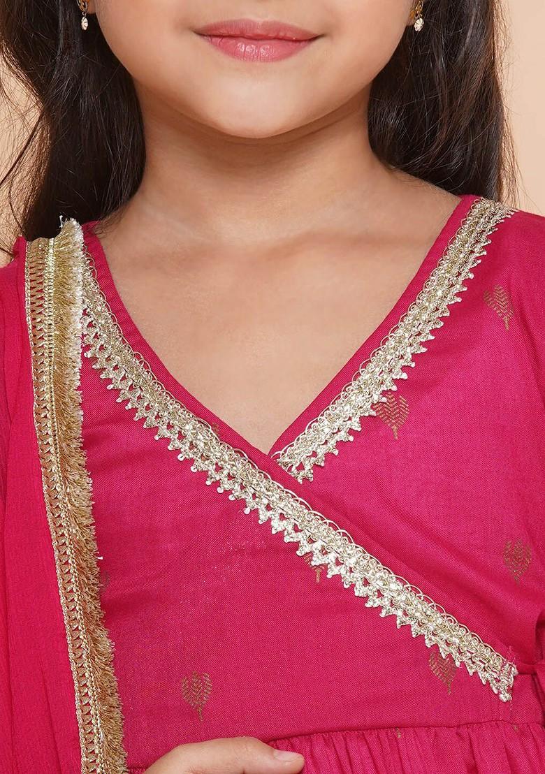 Pink Girls Ethnic Motifs Printed Angrakha Gotta Patti Pure Cotton Kurta Set