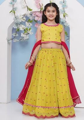 Lime Green Girls Floral Embroidered Ready To Wear Lehenga And Blouse With Dupatta