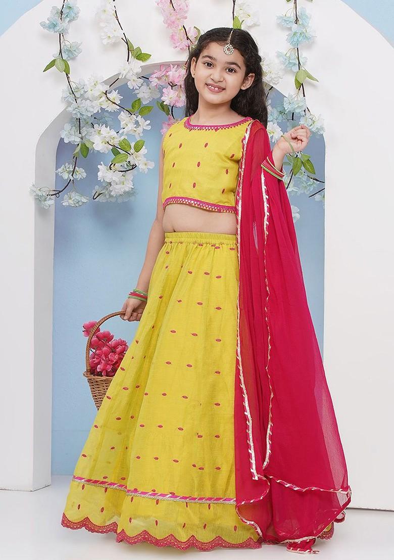 Lime Green Girls Floral Embroidered Ready To Wear Lehenga And Blouse With Dupatta