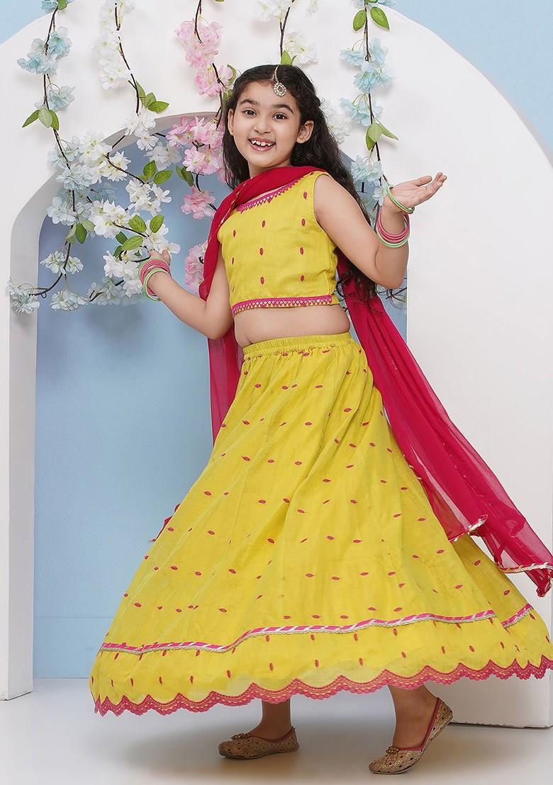 Lime Green Girls Floral Embroidered Ready To Wear Lehenga And Blouse With Dupatta