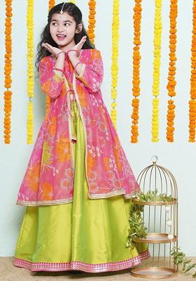 Green Girls Girls Printed Sequinned Ready To Wear Lehenga With Blouse And Shrug
