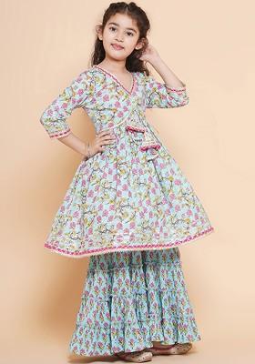 Blue Girls Floral Printed Empire Gotta Patti Pure Cotton Kurta With Sharara