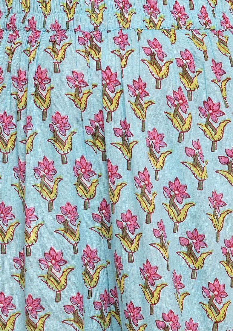 Blue Girls Floral Printed Empire Gotta Patti Pure Cotton Kurta With Sharara