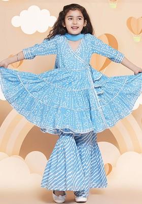 Blue Girls Bandhani Printed Angrakha Pure Cotton Kurta And Sharara With Dupatta