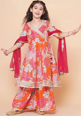 Orange Girls Floral Printed Angrakha Gotta Patti Kurta With Sharara And Dupatta