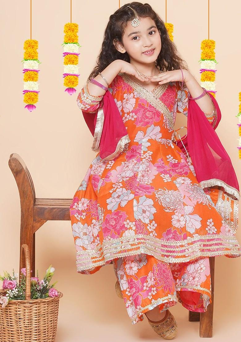 Orange Girls Floral Printed Angrakha Gotta Patti Kurta With Sharara And Dupatta