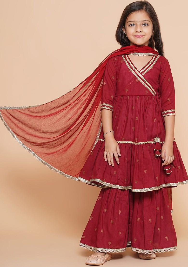 Maroon Girls Ethnic Motifs Pure Cotton Anarkali Kurta And Sharara With Dupatta