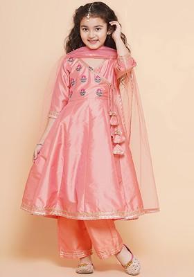 Peach Girls Embroidered Angrakha Gotta Patti Kurta With Trousers And Dupatta